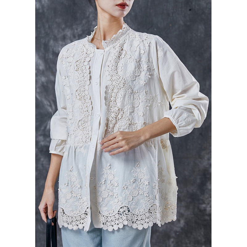 Art Apricot Embroidered Patchwork Cotton Shirt Spring