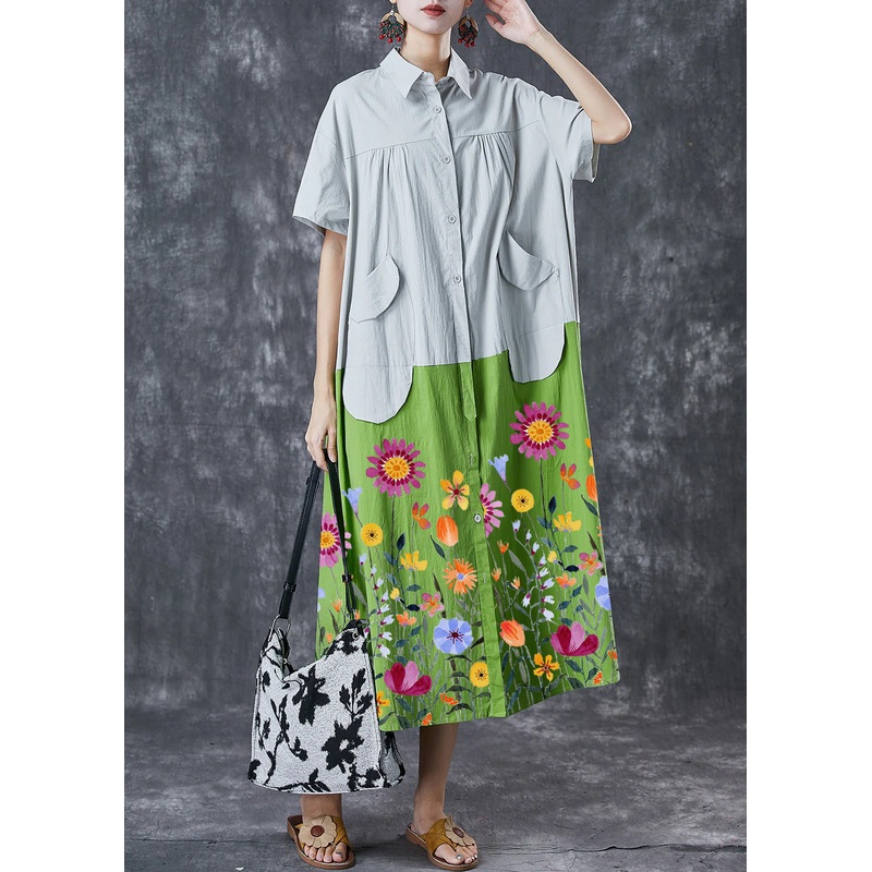 Art Green Oversized Patchwork Pockets Cotton Shirt Dresses Summer