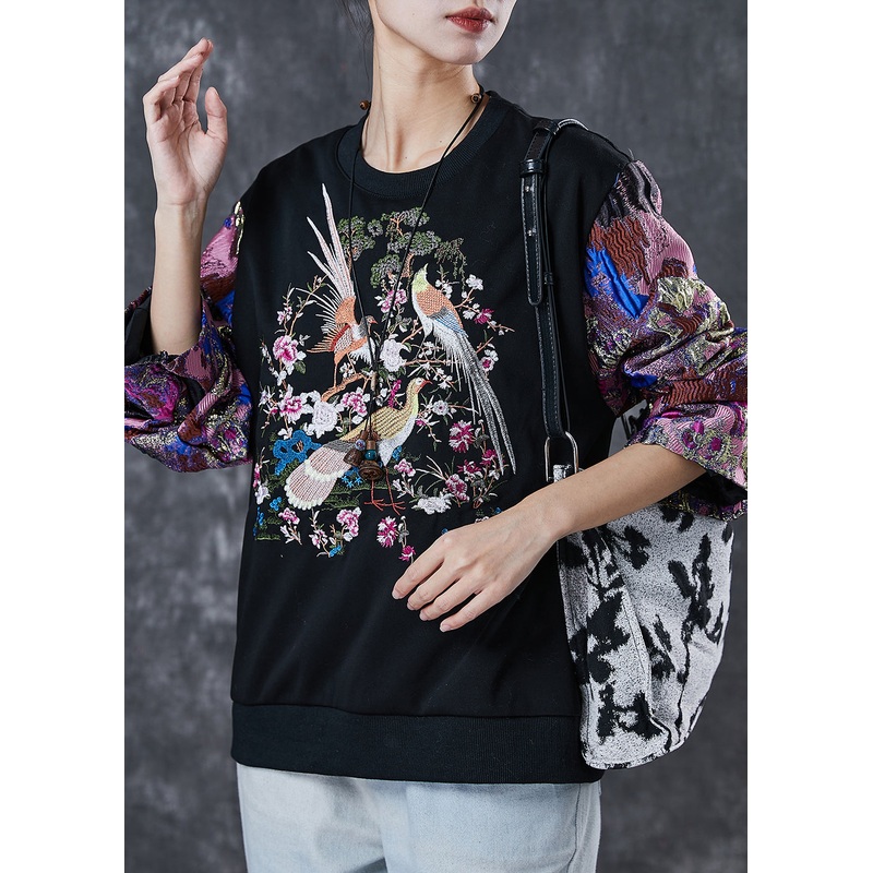 Beautiful Black Embroidered Patchwork Cotton Sweatshirt Spring
