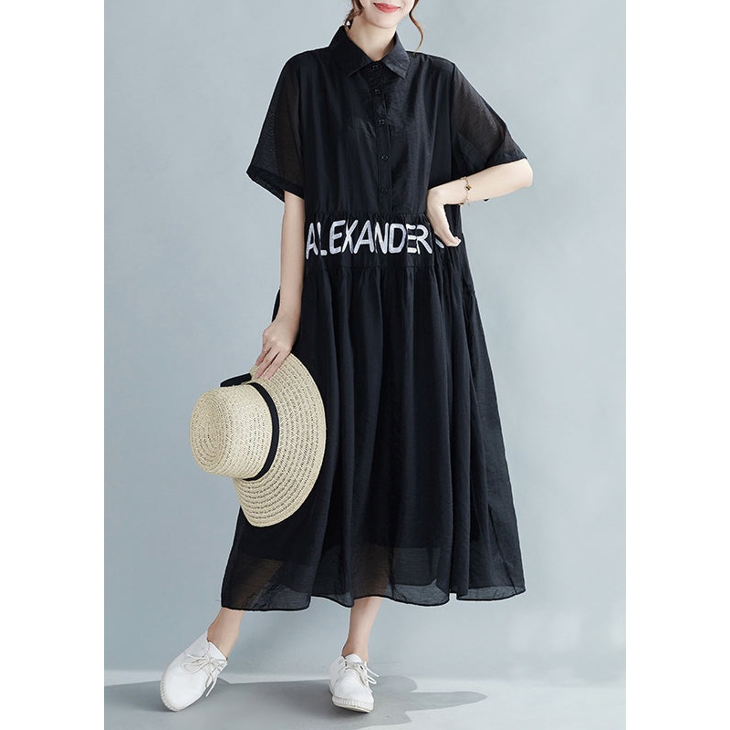 Black Button Pockets Silk Dress Peter Pan Collar Short Sleeve