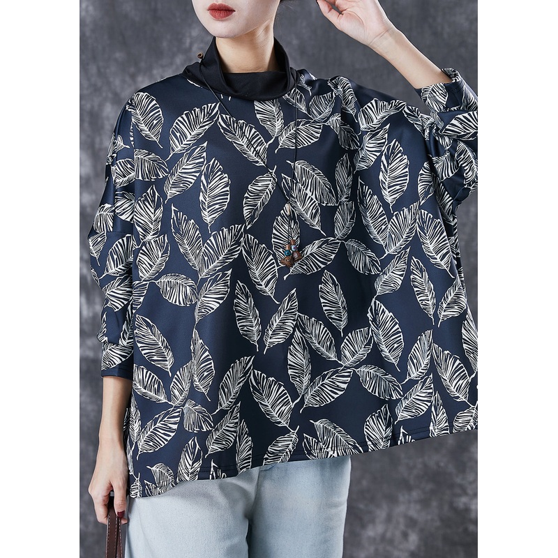 Black Leaf Print Spandex Sweatshirts Top Turtle Neck Spring