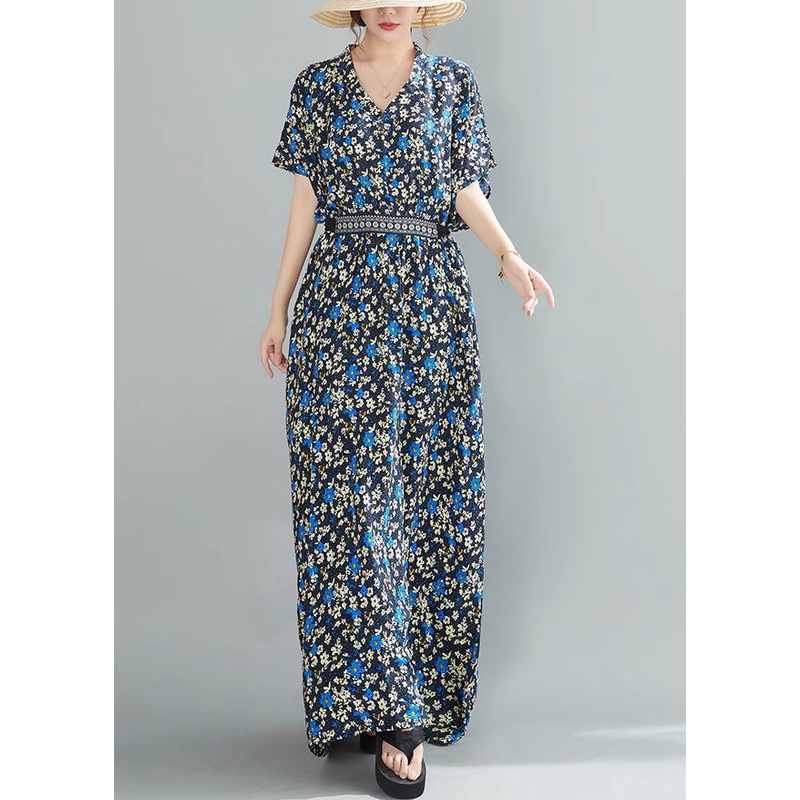 Blue Lace Up Pockets Cotton Long Dresses V Neck Summer