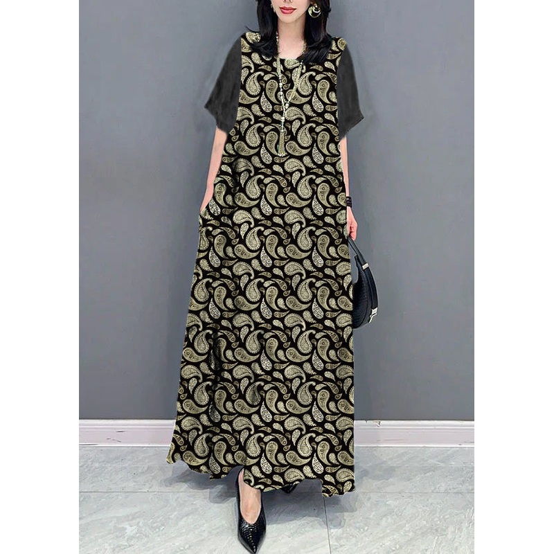 Bohemian black cashew nuts O Neck Pockets Print Patchwork Silk Long Dresses Summer