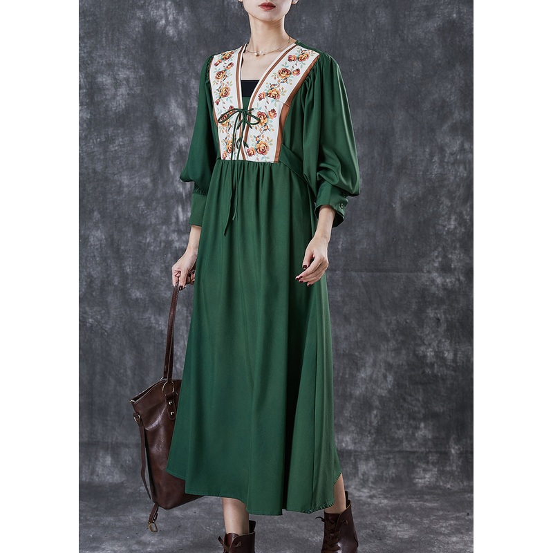 Bohemian Green Cinched Patchwork Lace Up Cotton Dresses Spring