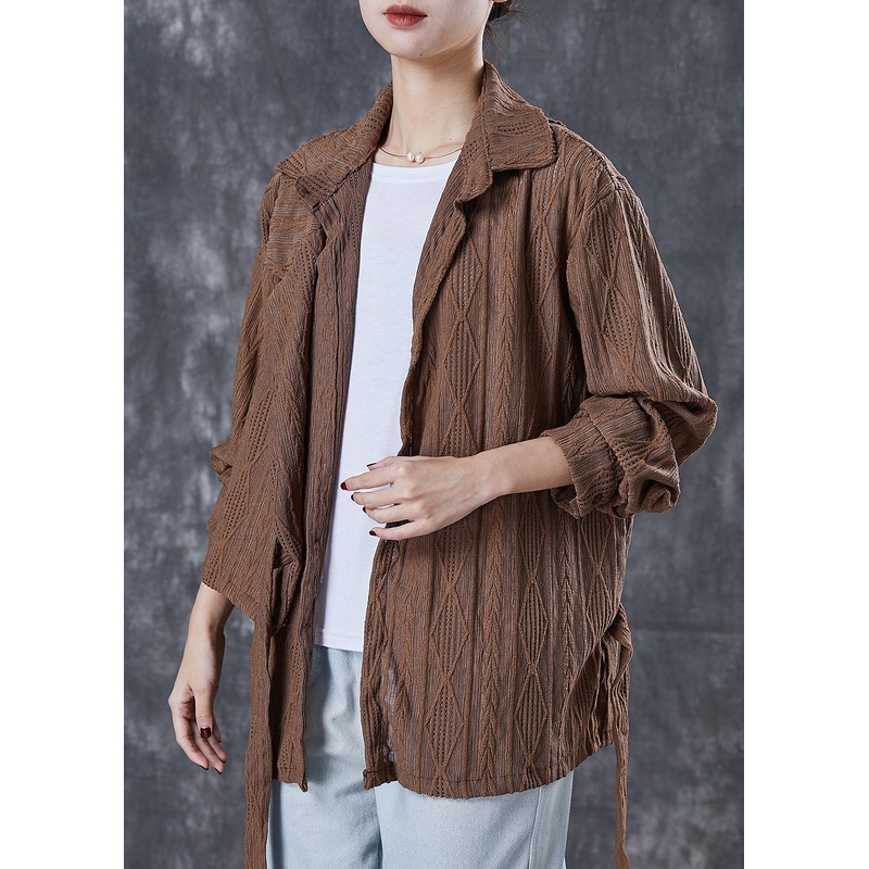 Brown Cotton Shirt Top Asymmetrical Lace Up Spring