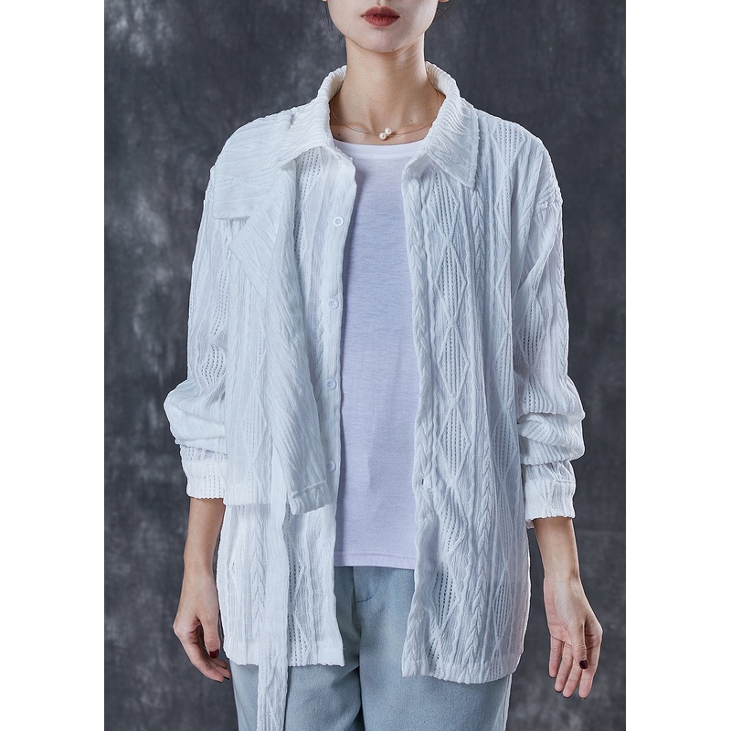 Chic White Asymmetrical Lace Up Cotton Blouses Spring