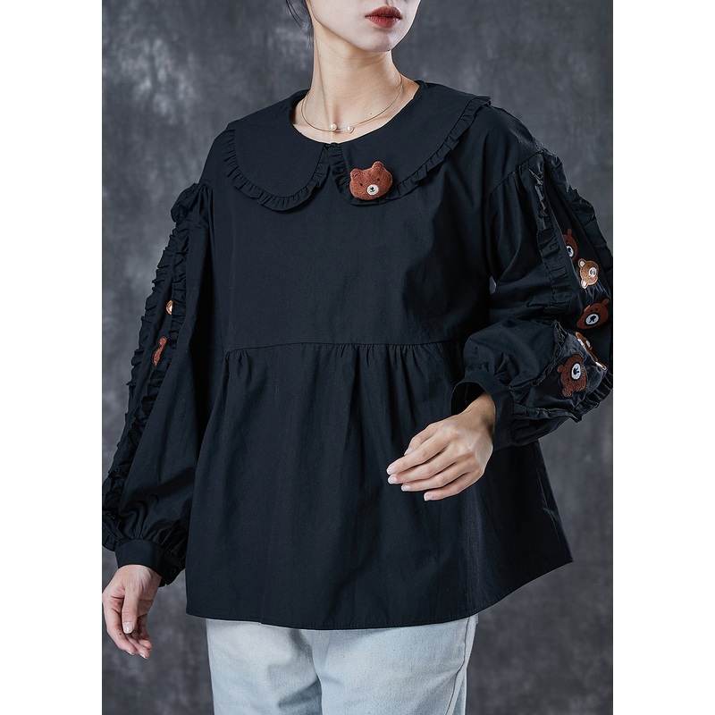 Classy Black Ruffled Pockets Cotton Sweatshirts Top Spring