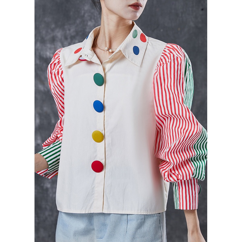 Classy White Puff Sleeve Patchwork Striped Cotton Blouses Spring