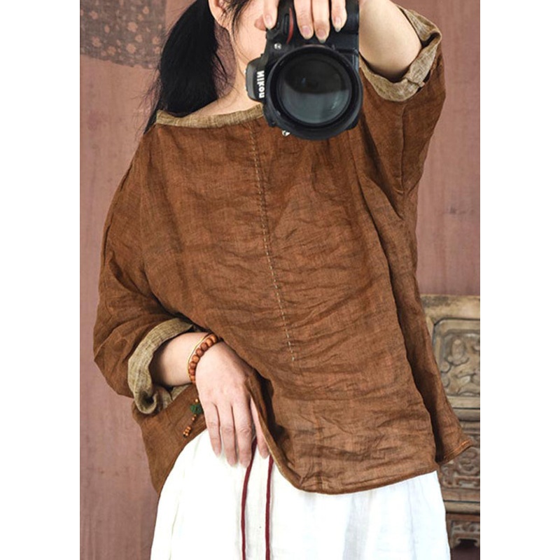 Coffee Cozy Patchwork Linen Shirts O-Neck Long Sleeve