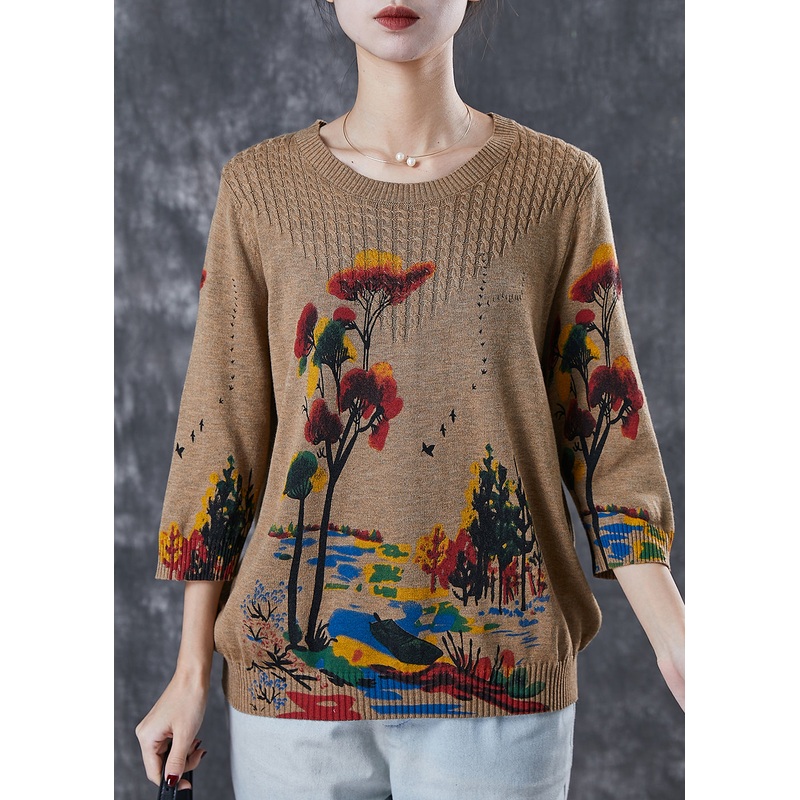 Coffee Print Knit Sweater Tops Oversized Spring