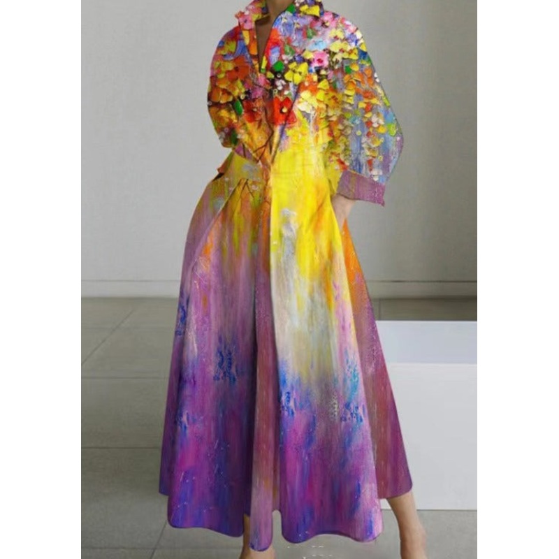 Colorful Printed Peter Pan Collar Pockets Cotton Dress Long Sleeve