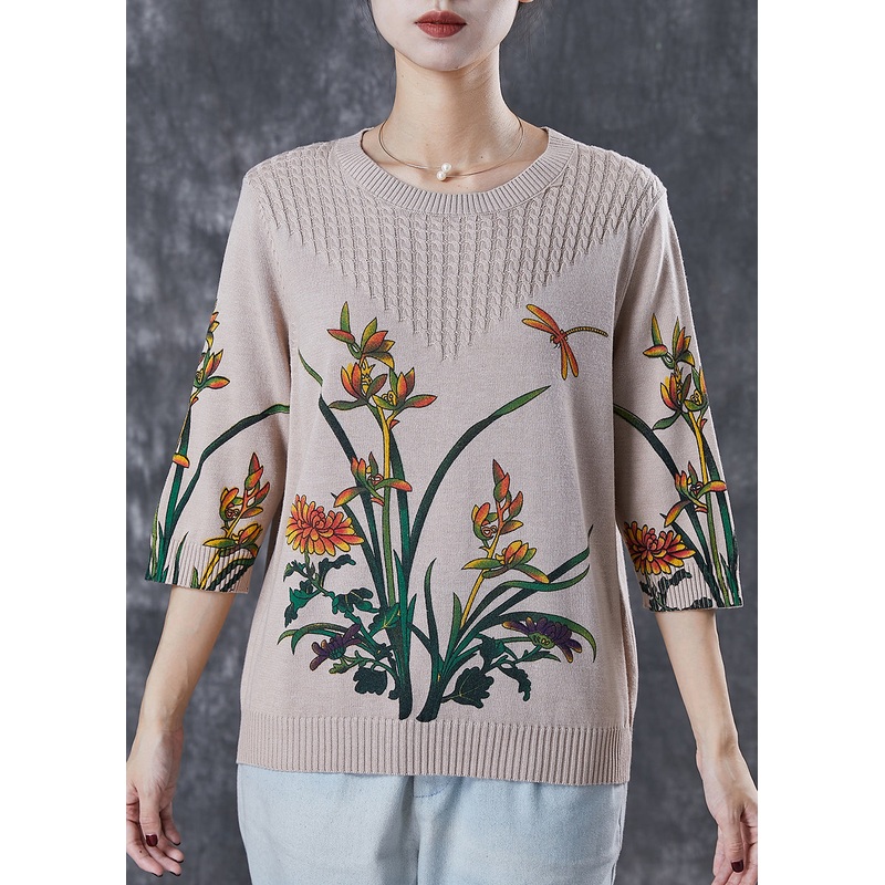 DIY Beige Oversized Print Knitted Tops Spring