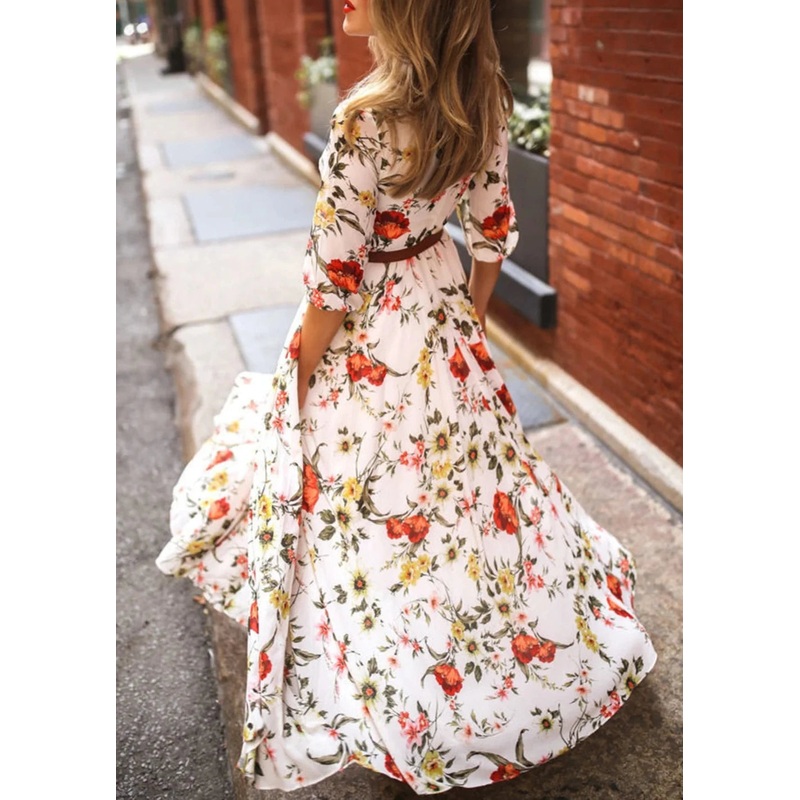 Elegant Floral Pattern Crew Neck Maxi Dress Lantern Sleeve