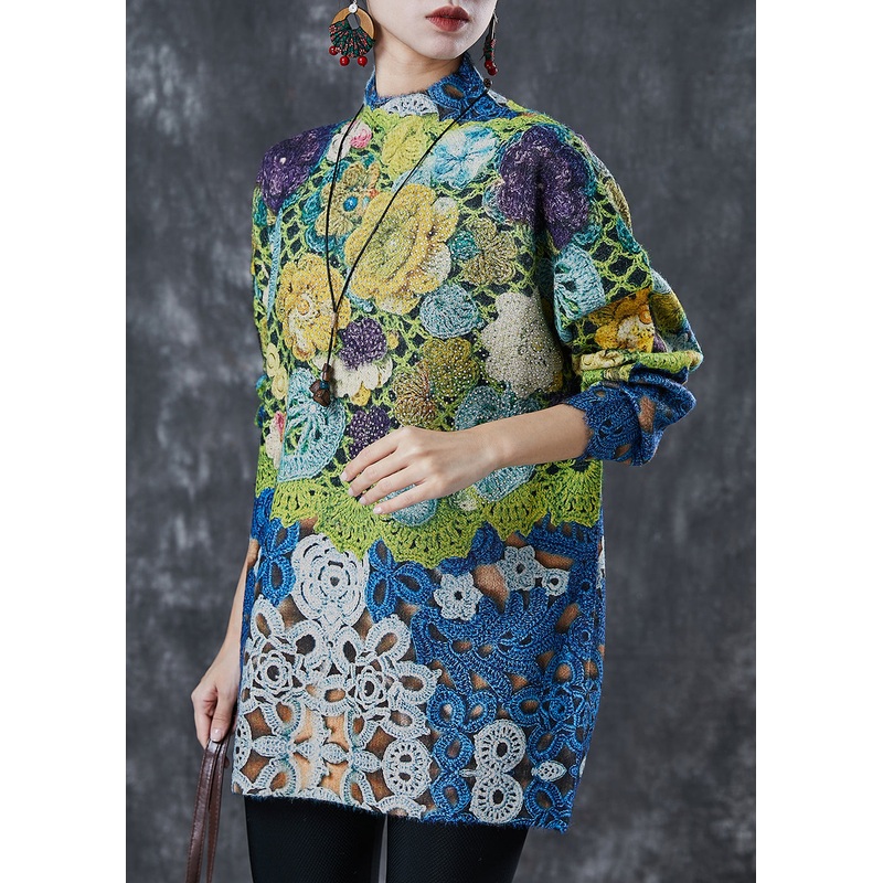 Elegant Green Floral Zircon Knit Pullover Spring