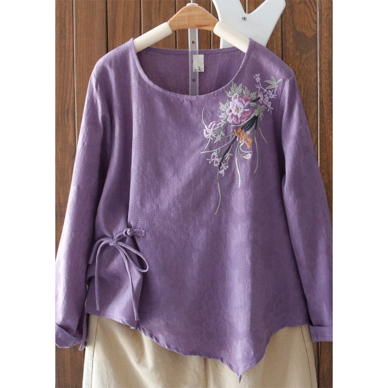 Elegant Purple Embroidered Lace Up Cotton Blouses Long Sleeve