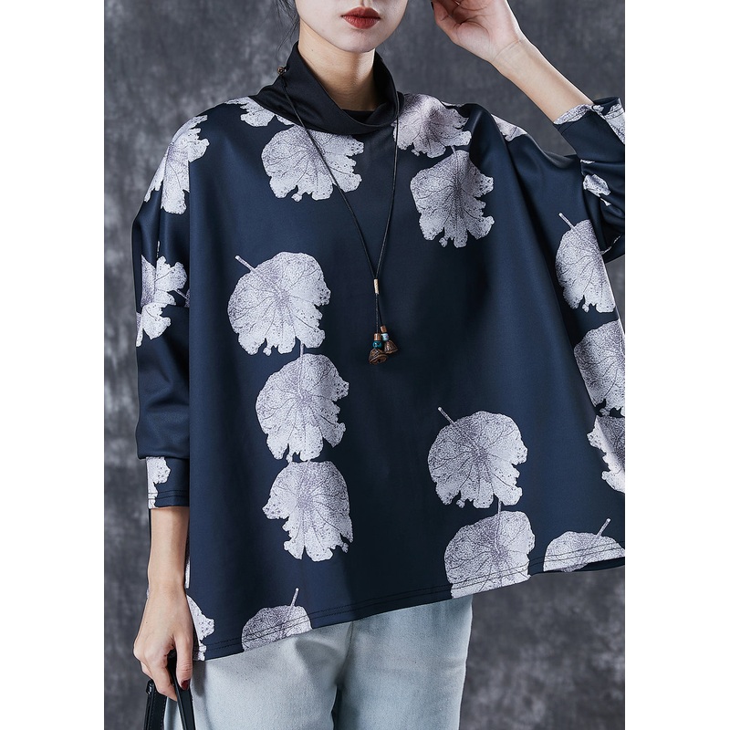 Fashion Black Turtle Neck Lotus Leaf Print Spandex Top Spring