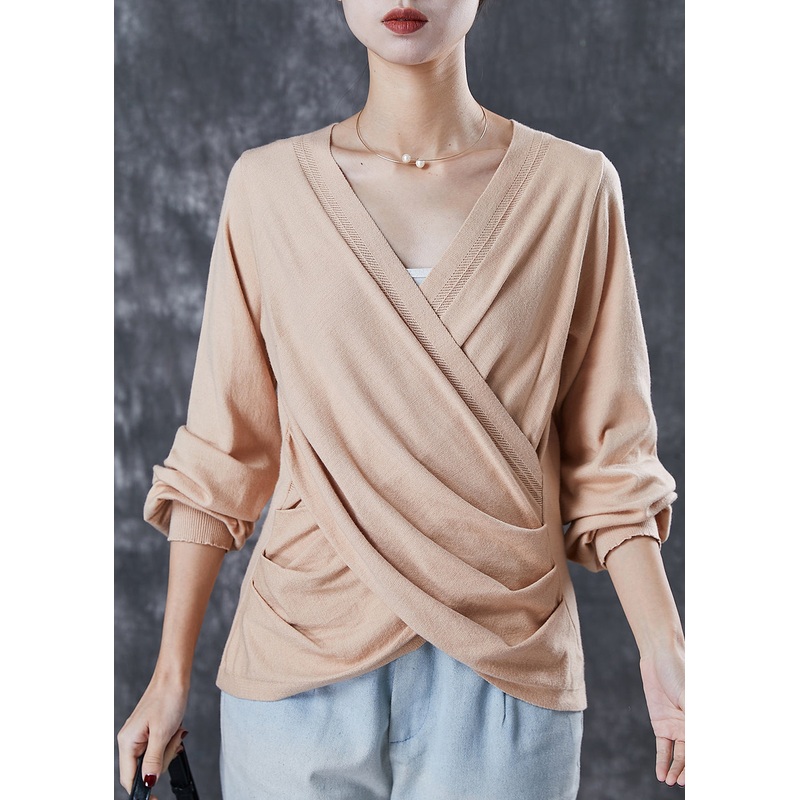 Fitted Beige Asymmetrical Cross Connection Knit Tops Spring