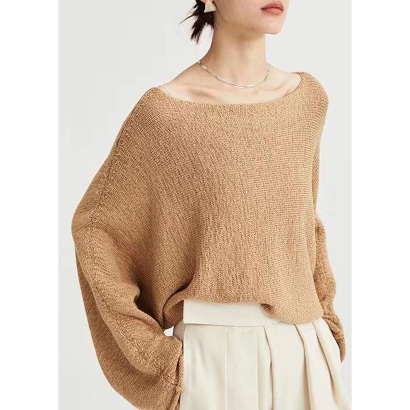 Handmade Camel Slash Neck Hollow Out Knit Top Long Sleeve