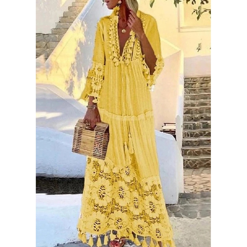 Loose Yellow Boho Deep V Neck Lace Fringe Maxi Dress