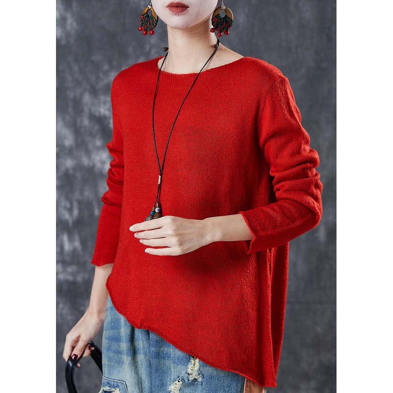 Red Loose Knit Sweaters Asymmetrical Design Spring