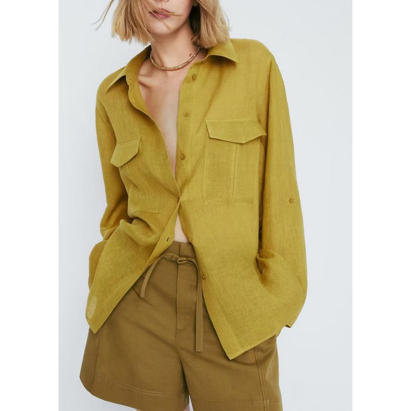 Simple Yellow Pockets Patchwork Button Top Long Sleeve