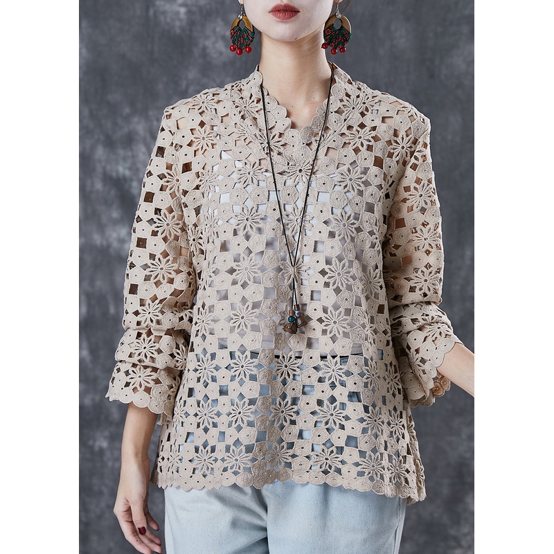 Style Beige Embroidered Hollow Out Smock Spring