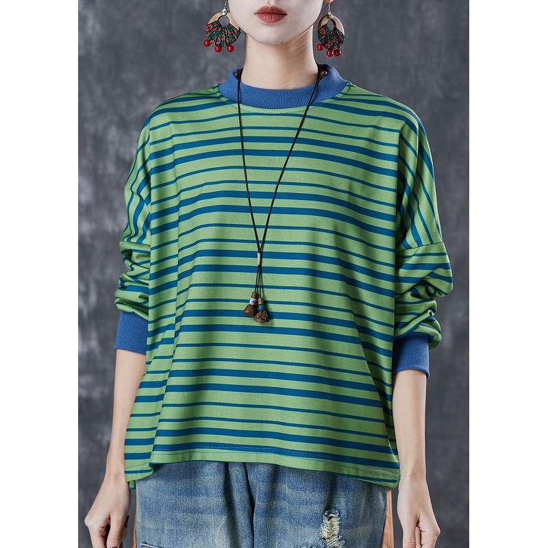 Style Green Oversized Striped Cotton Sweatshirt Streetwear Spring