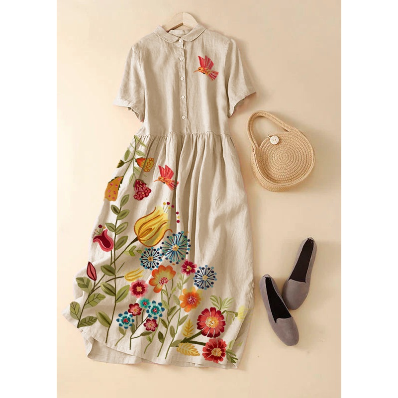 Unique Apricot flowers Peter Pan Collar Wrinkled Linen Holiday Dress Short Sleeve