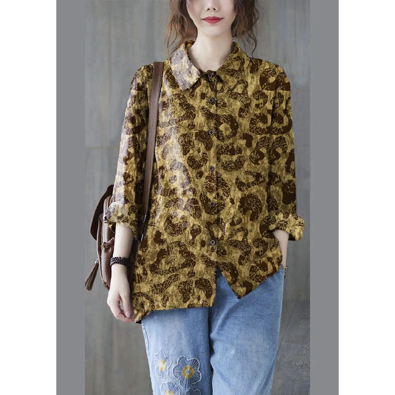 Unique yellow leopard print Peter Pan Collar Button Print Fall Blouses Long sleeve