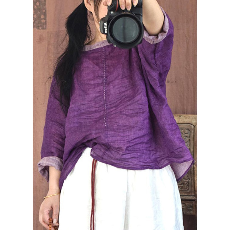 Vintage Purple O-Neck Wrinkled Linen Shirt Spring
