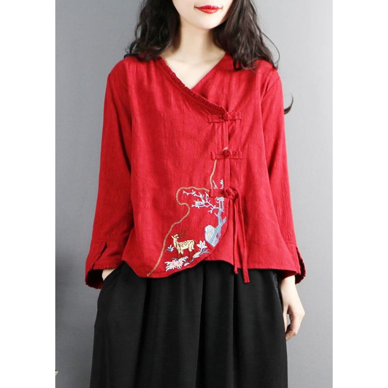 Vintage Red Embroidered Button Cotton Shirt Long Sleeve