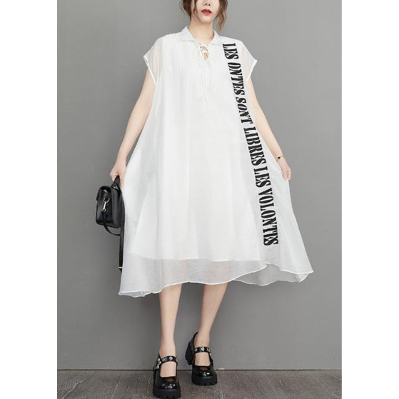 White Lace Up Silk Cotton Long Dress Embroidered Short Sleeve