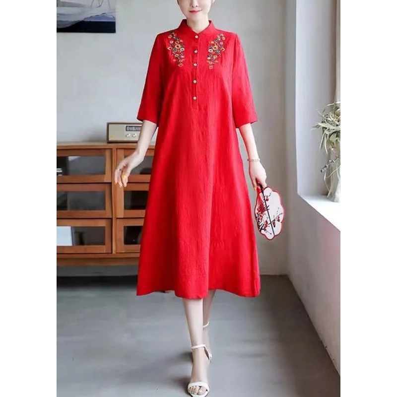 Women Red Embroidered Button Cotton Dress Half Sleeve