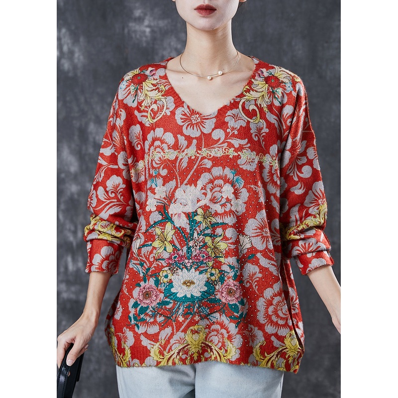 Women Red Oversized Floral Zircon Knit Sweater Spring