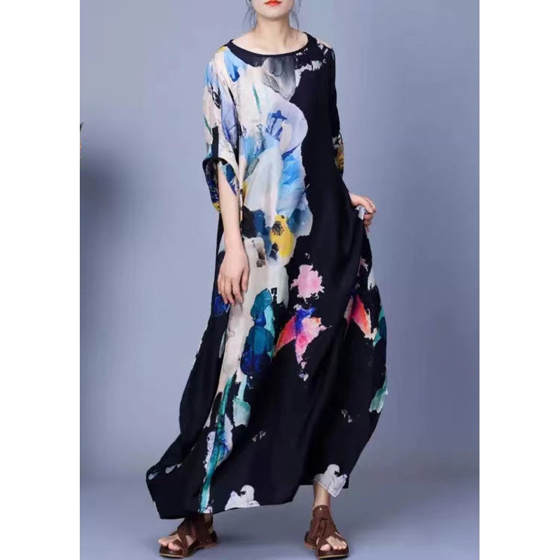 Art Black O Neck Print Button Silk Maxi Dress Bracelet Sleeve