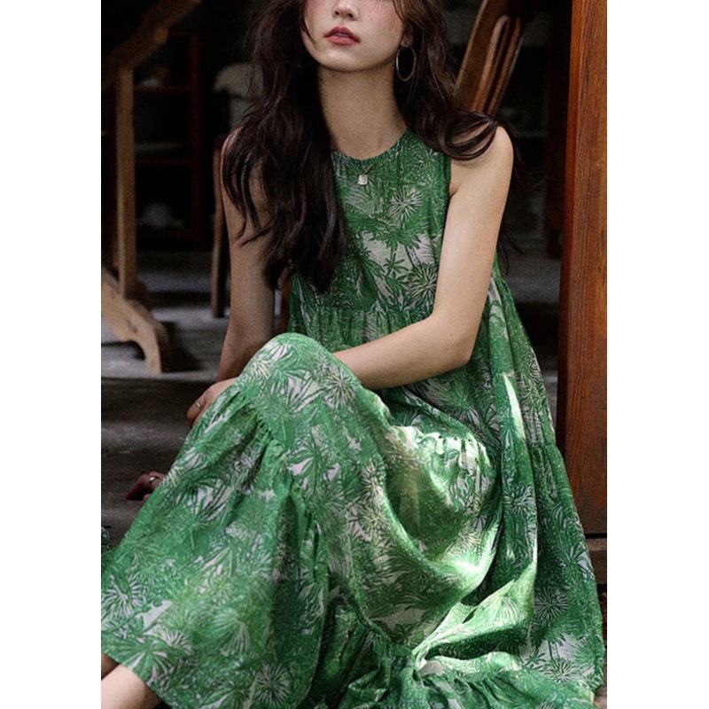 Beautiful Green Print Wrinkled Silk Cotton Dress Sleeveless
