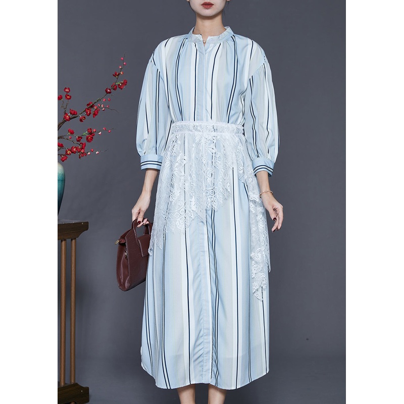 Beautiful Light Blue Striped Patchwork Lace Cotton Dresses Spring
