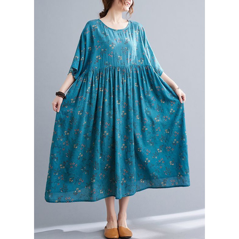 Blue Wrinkled Cotton Long Dress O Neck Half Sleeve