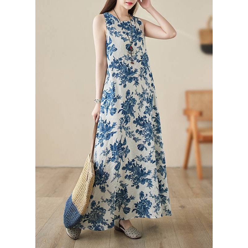 Bohemian Blue O-Neck Print Long Dress Summer