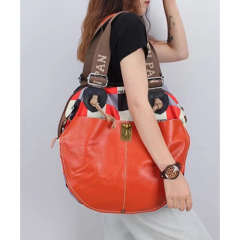 Casual High-Capacity Cowhide Patchwork Canvas Satchel Bag Handbag