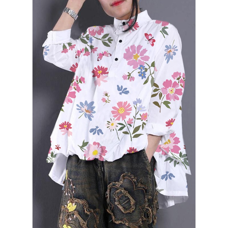 Diy White  flower Blouses For Women Asymmetric Shirt