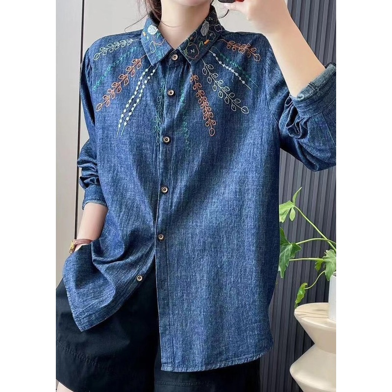Fashion Denim Blue Peter Pan Collar Embroidered Button Shirt Long Sleeve