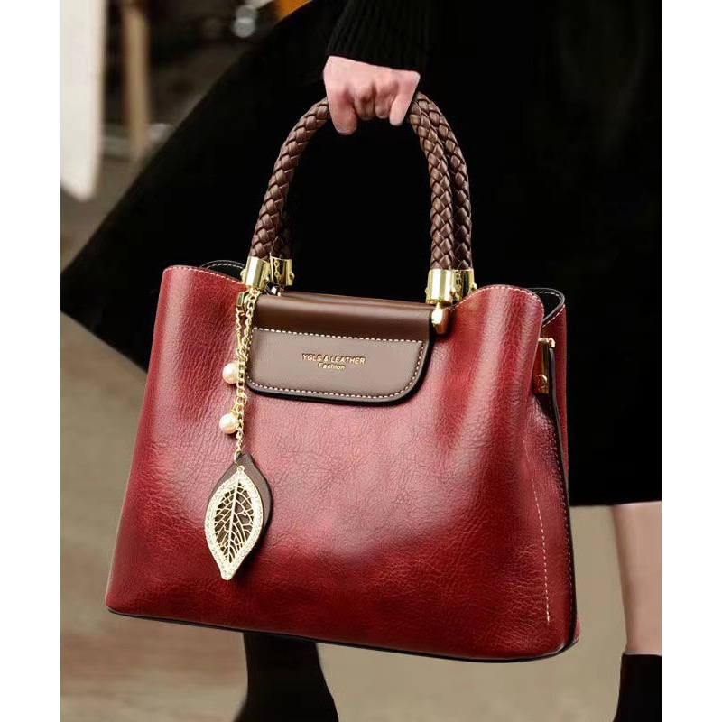 Fine Red Versatile Durable Leather Tote Handbag