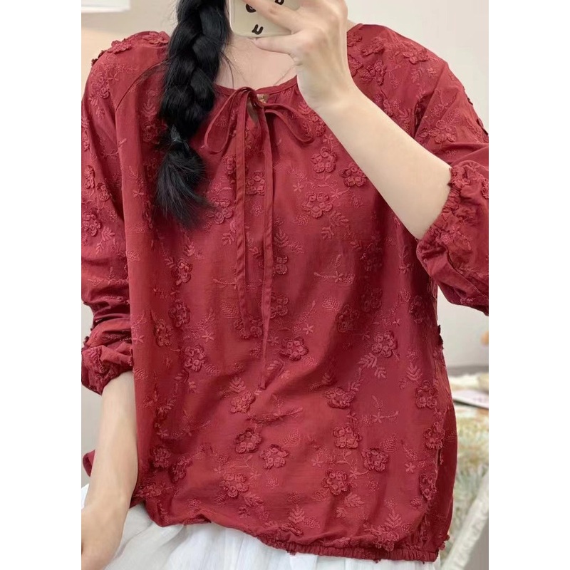 Organic Red O-Neck Embroidered Floral Cotton Tops Spring