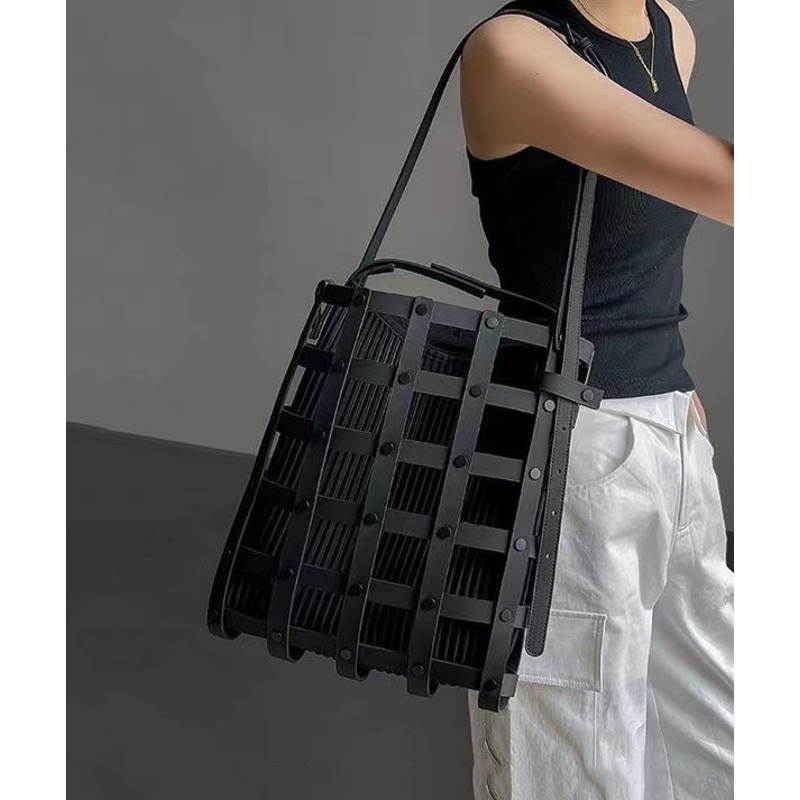 Original Black Hollow Out Rivet Calf Leather Satchel Handbag