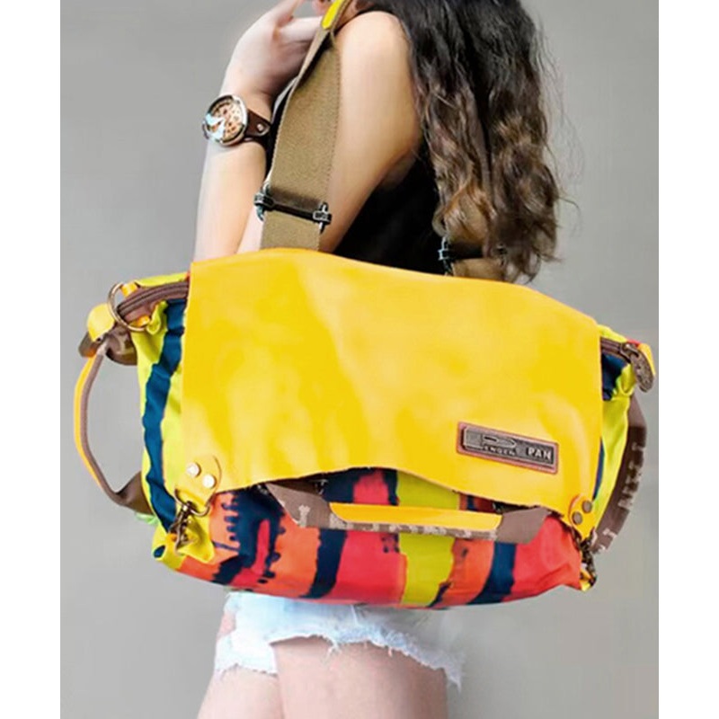 Original Yellow High-Capacity Patchwork Cowhide Outdoor Travel Shoulder Bag