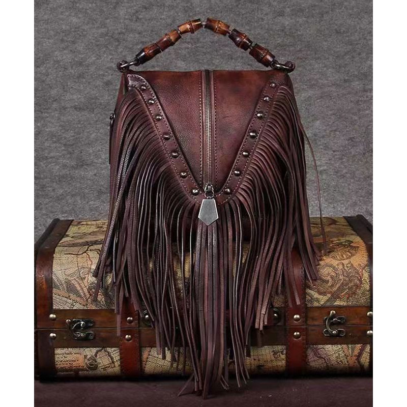 Retro Coffee Cowhide Tassel Rivet Shoulder Bag
