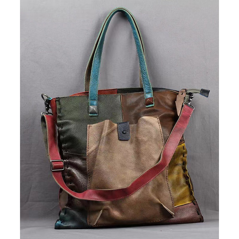 Retro Handmade Contrasting Color Large Capacity Cowhide Single Satchel Bag Handbag