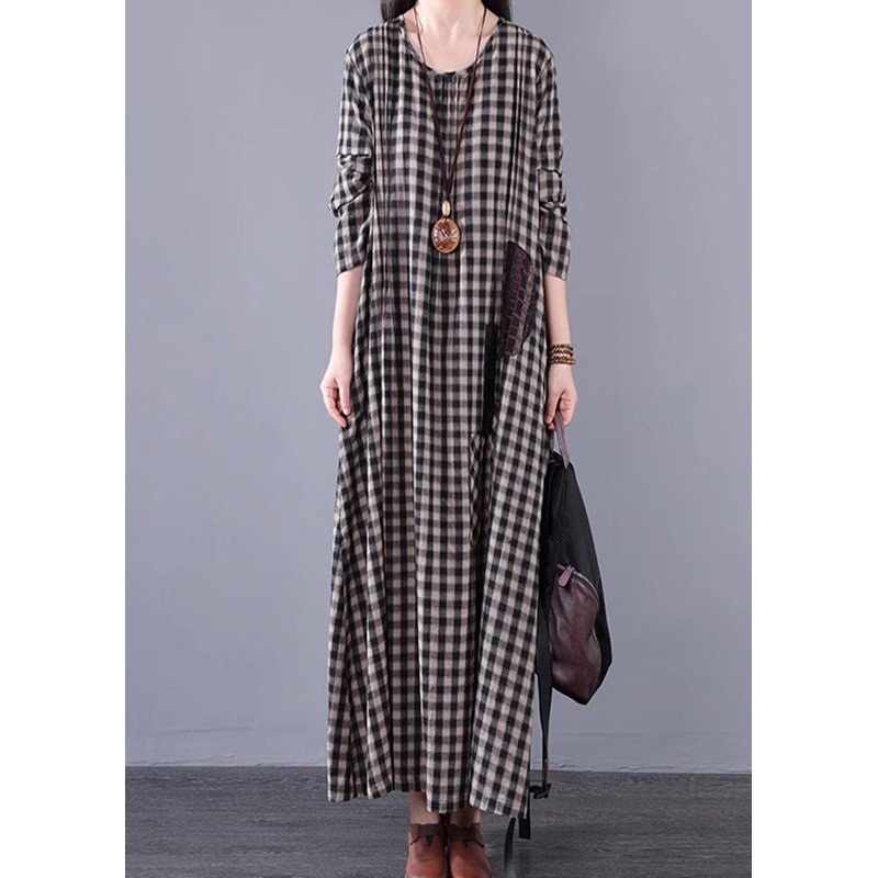Vintage Black White Plaid A Line Long Dresses Spring