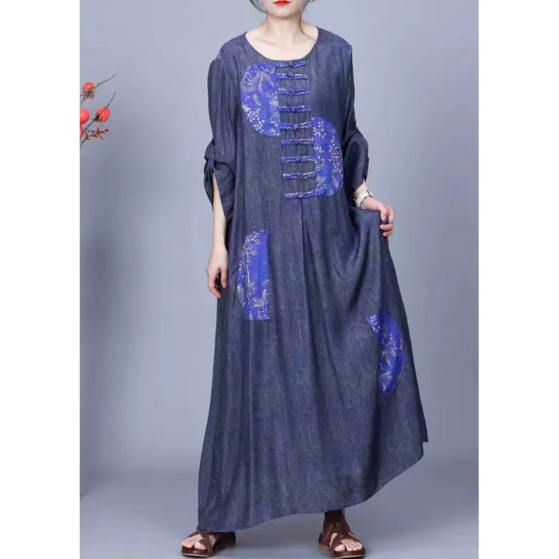 Vintage Blue O Neck Button Patchwork Cotton Long Dress Spring